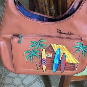 Anuschka Tan Shoulder Bag with Tropical Design